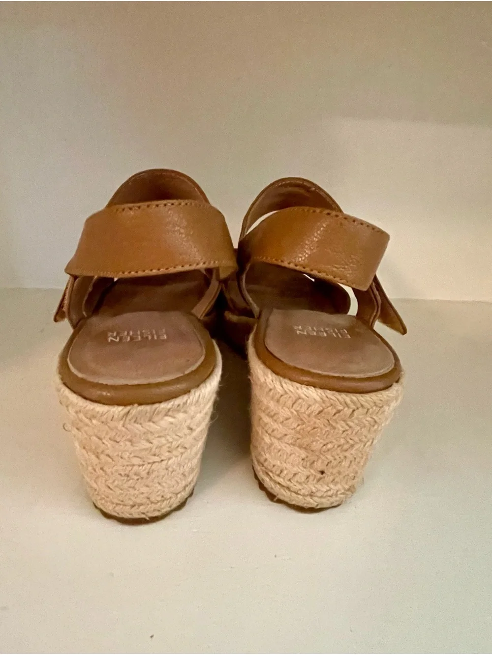Eileen Fisher Tan Leather Espadrille Wedge Sandals
